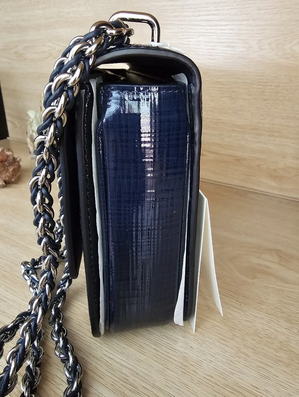 Tory Burch Britten Textured Patent Navy Leather Chain Crossbody